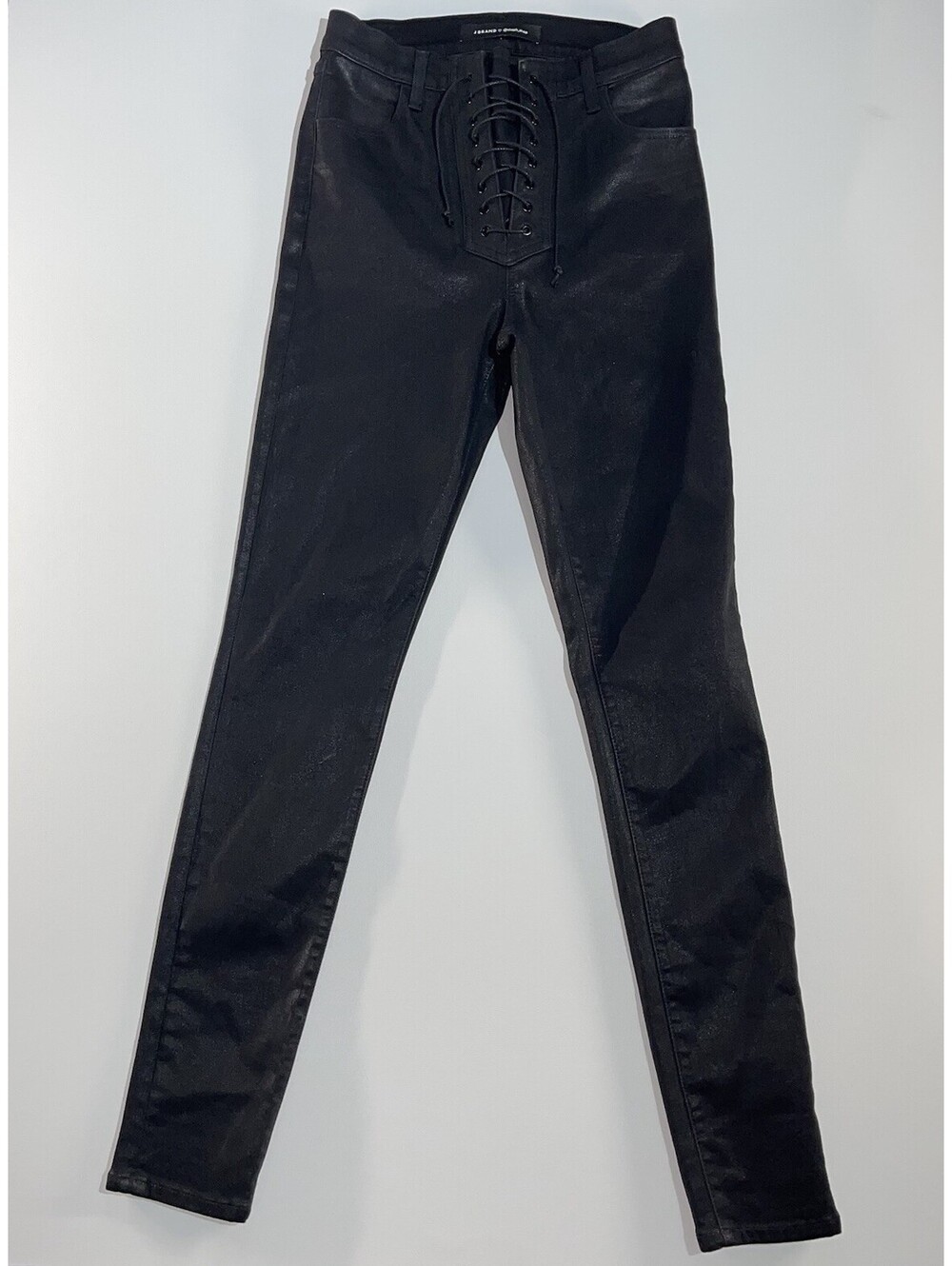 J Brand x Steph Shep High Rise Lace Up in Coated Vendetta Black Jeans 27